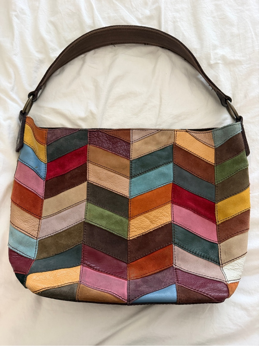 Lucky Brand Y2K Vintage Rare Patchwork Multicolor Chevron Leather Suede Hobo Bag